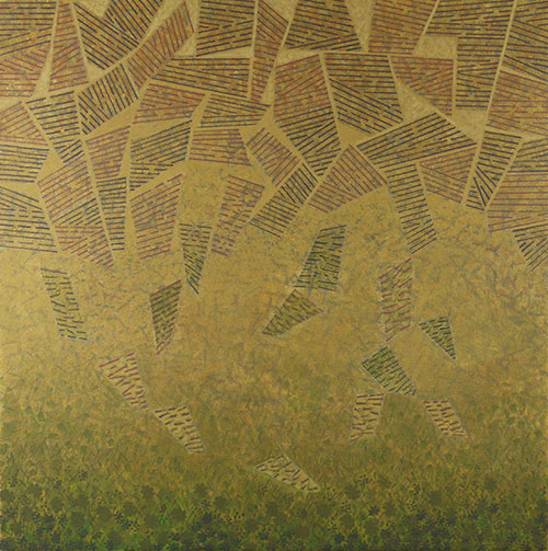 Feixes i llaques, 100x100, acrylique sur fond ensablé, 2015